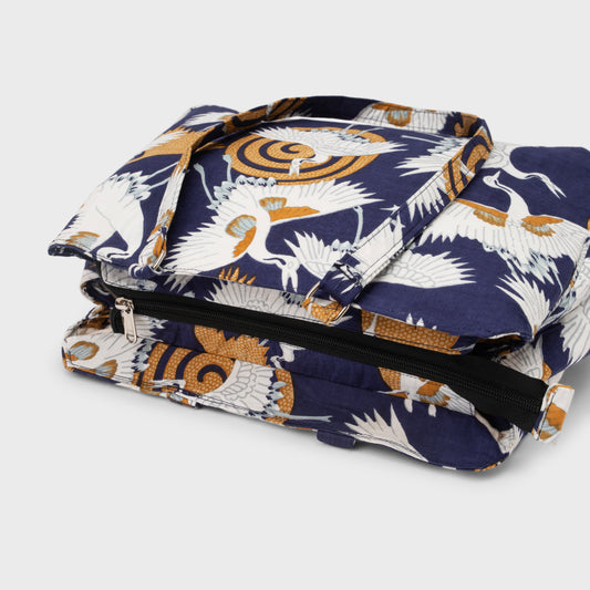 Indigo Crane Print 3-Compartment Cabas