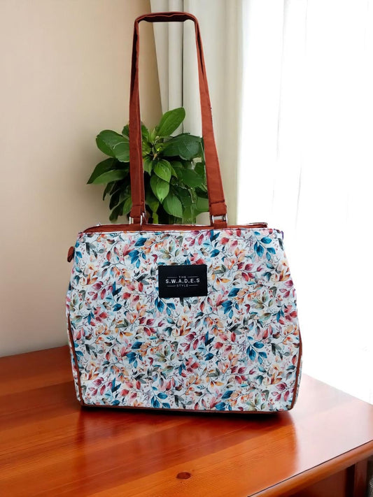 Chic Floral 3-Compartment Tote Bag with Soft Brown Strap