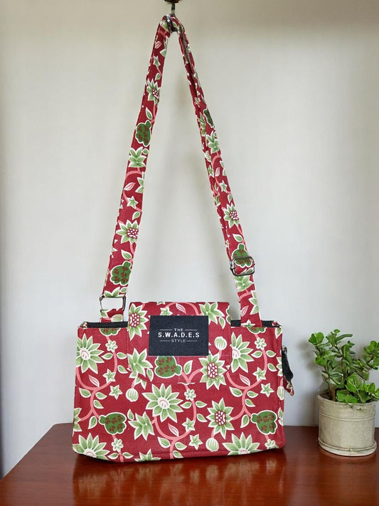 Red & Green Blended Floral 4-Pocket Everyday Sling Bag