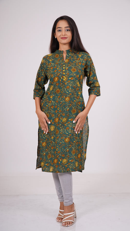 Band Collar Kurti: Chic Comfort in Green