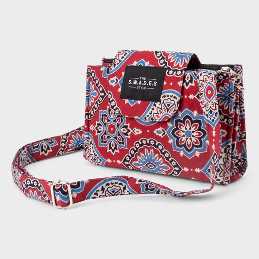 Red & Blue Boho Mandala 4-Pocket Cross-Body Bag