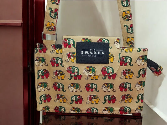 Beige Elephant Art 4-Pocket Cross Body Bag