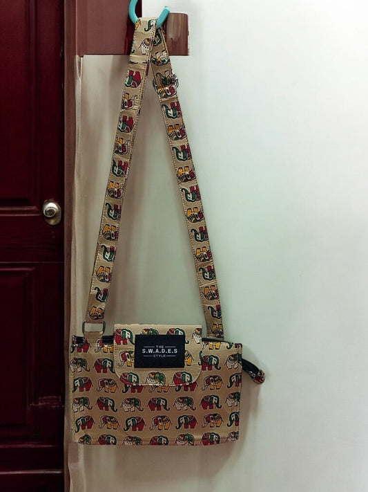Beige Elephant Art 4-Pocket Cross Body Bag